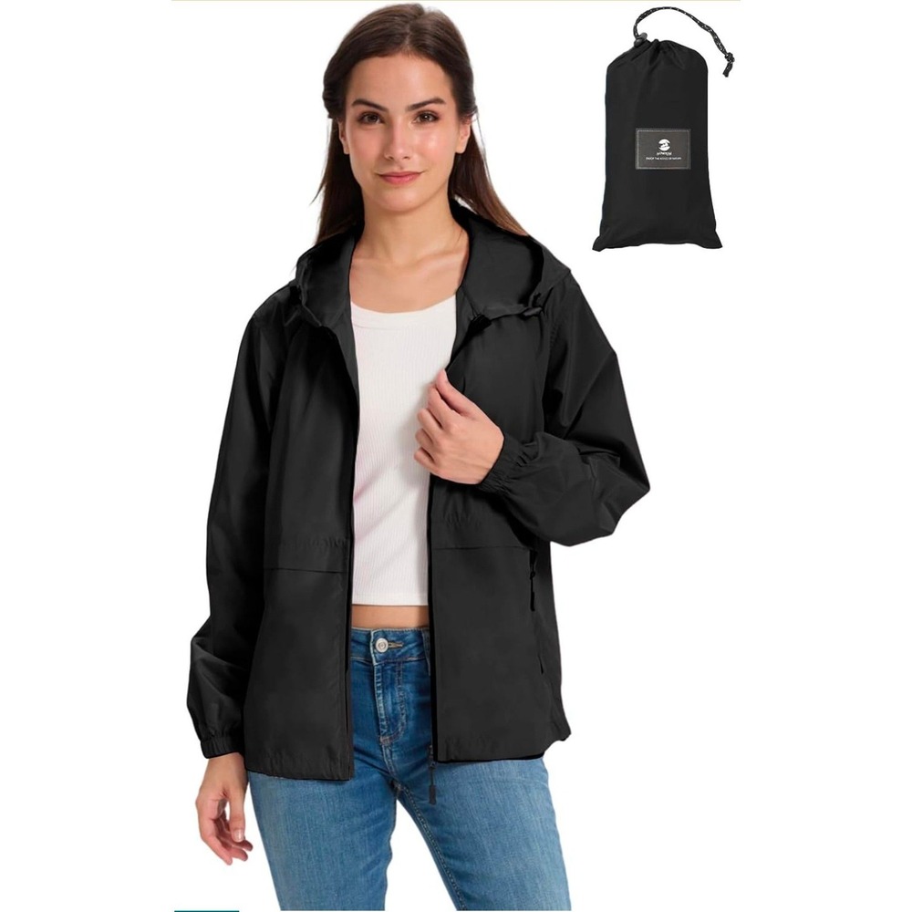 Womens Waterproof Rain Jacket Sz M‎ Packable Gorpcore Windbreaker Black